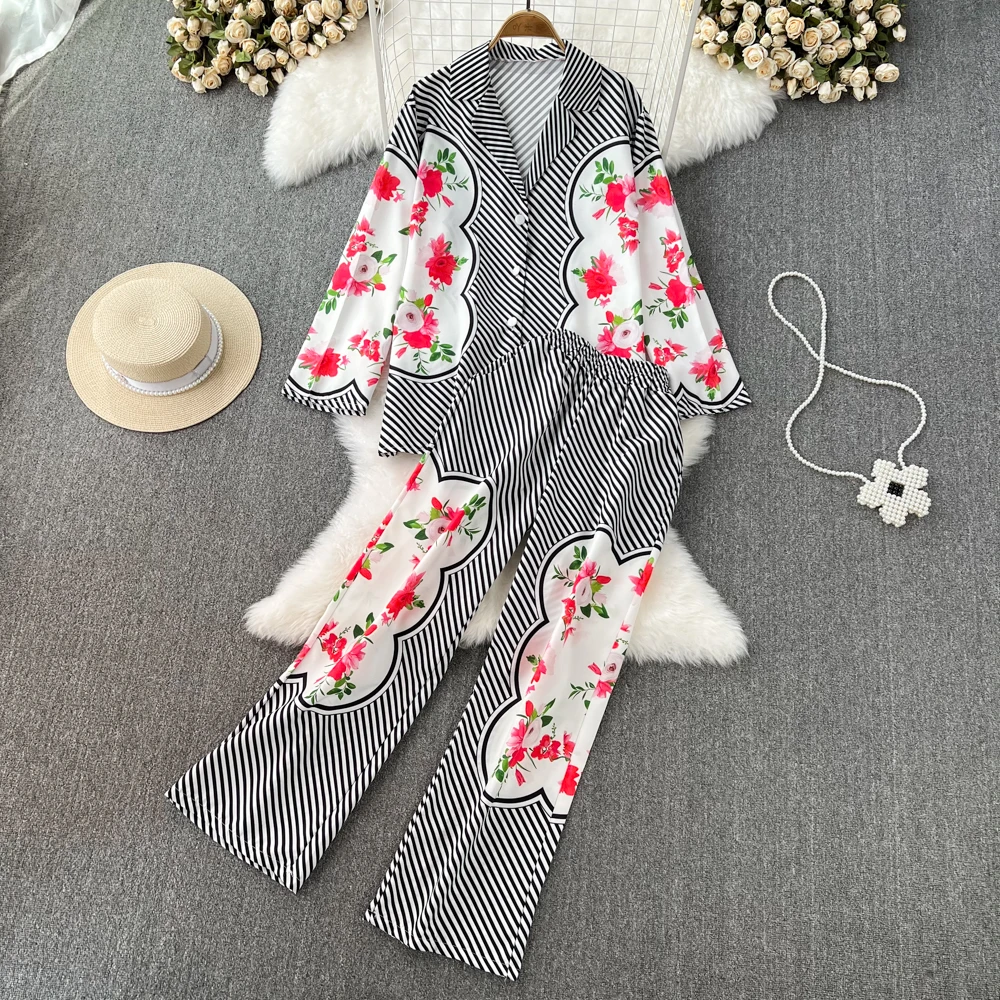 

High-quality Printed Silk Pajamas Homewear Suit Loose Suit Jacket High Waist Wide Leg Pants Two-piece Set