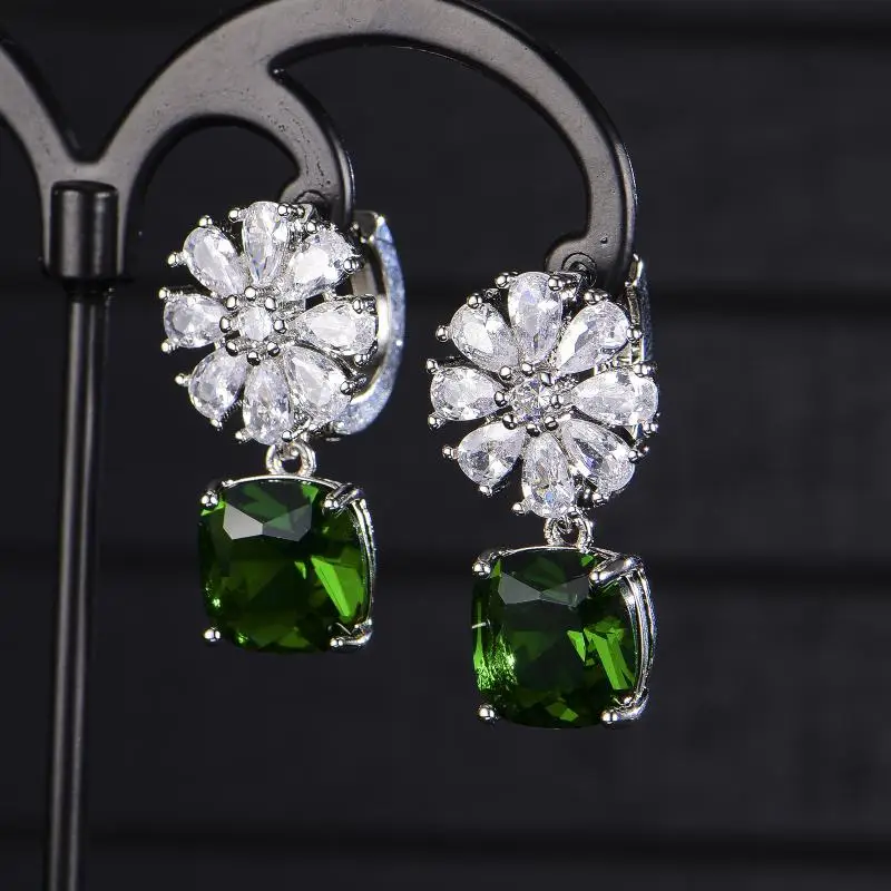 

HOYON 925 Silver Color Fashion Jade Tourmaline Sparkling Diamond Colorful Treasure Earrings Women's Square Earrings Jewelry Box