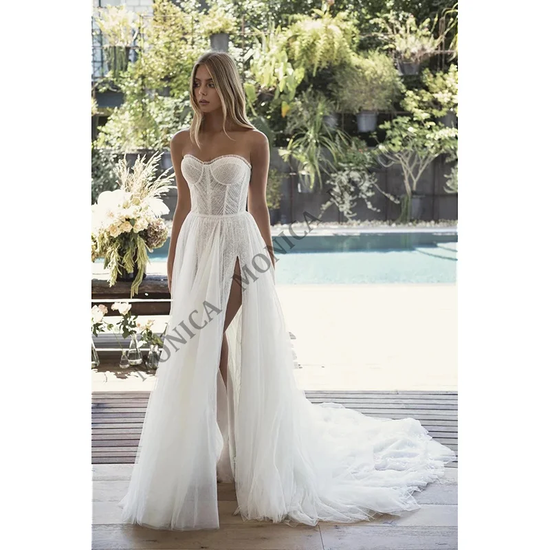 

MONICA Classic Wedding Detachable Sleeve Perspective Slim Fit Organza Beach Party Temperament Bridal Custom Dress Prom