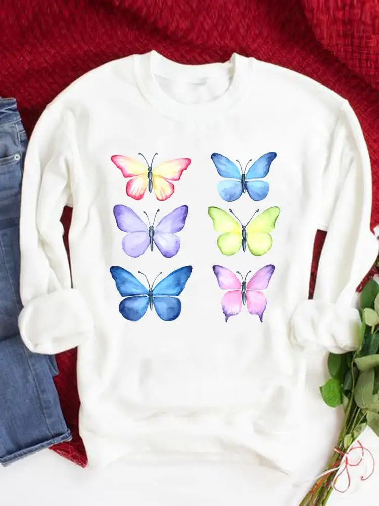 

Cartoon Watercolor Butterfly Autumn Spring O-neck Fashion Casual Women Clothing Graphic Sweatshirts Clothes Print Pullovers