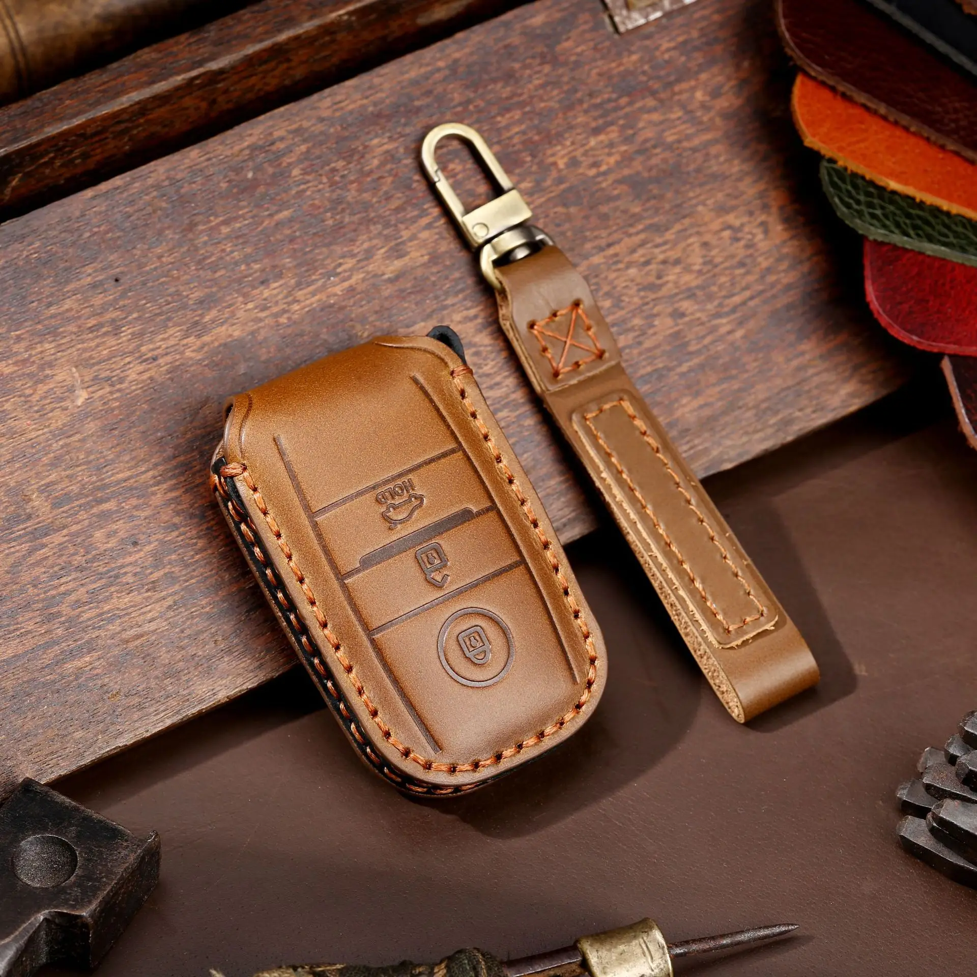 

Leather 3 Button Car Remote Key Cover Case Holder Keychain For Kia Optima Sorento Niro Soul Accessories