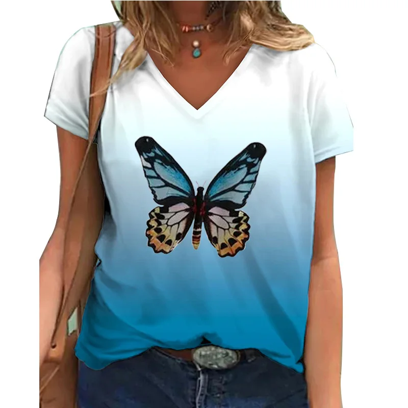 Купи Butterfly T Shirt For Women Summer V-neck Short Sleeve Tops Tees Fashion Streetwear Loose Oversized Y2k Clothes Womens Clothing за 133 рублей в магазине AliExpress