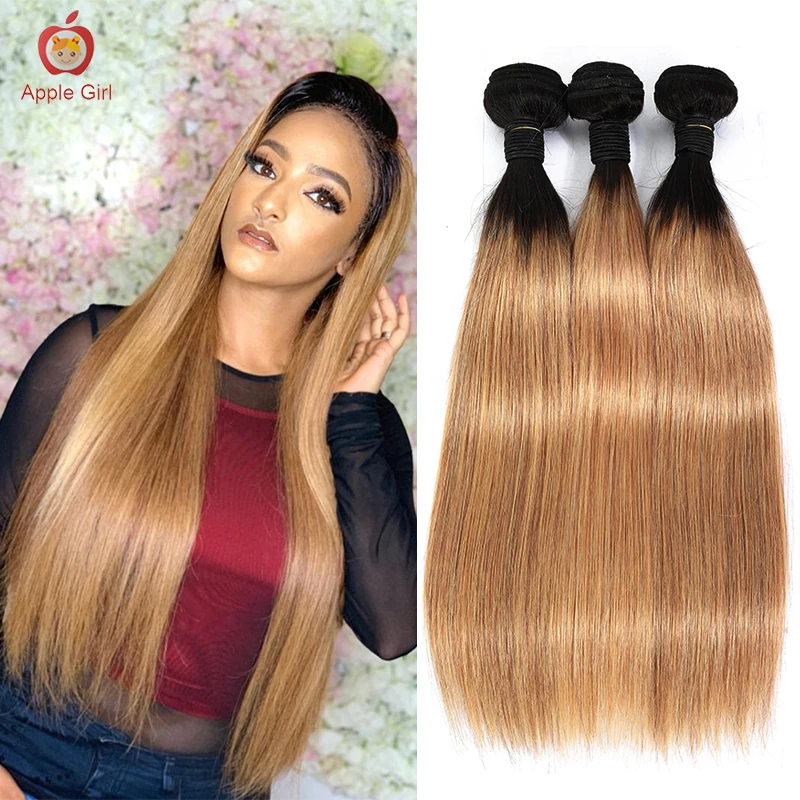 

Ombre Honey Color T1B/27 Straight Human Hair Bundles 3 or 4 Bundles 30 Inch Applegirl Brazilian Remy Double Hair Weave Weft