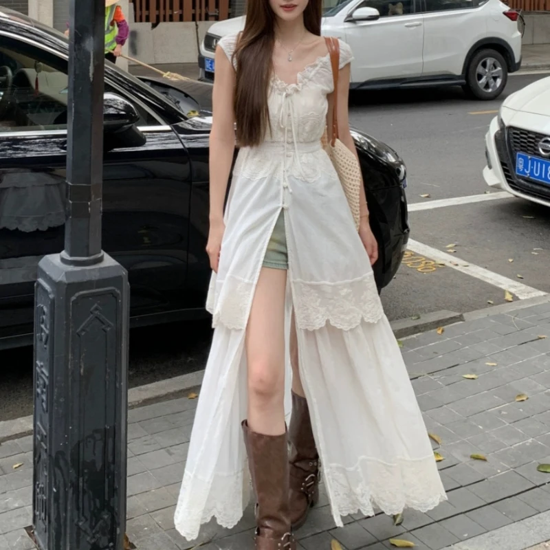 Летнее Длинное Платье с вышивкой и кружевом V-образным вырезом офисное женское