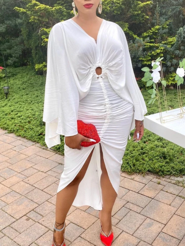 

Women Dress Pleated Bodycon Big Flare Sleeves High Slit Sexy V Neck White Yellow Slim Party Night Date Out Fashion Female Robes