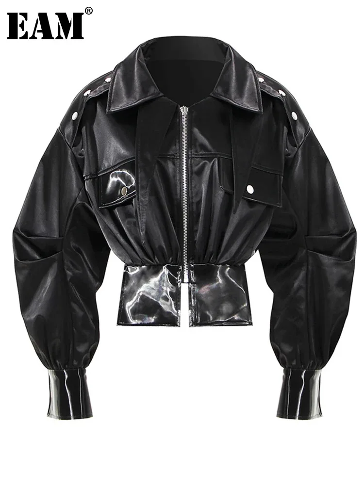 

[EAM] Loose Fit Black Pu Leather Shaped Big Size Jacket New Lapel Long Sleeve Women Coat Fashion Spring Autumn 2023 1DE4530