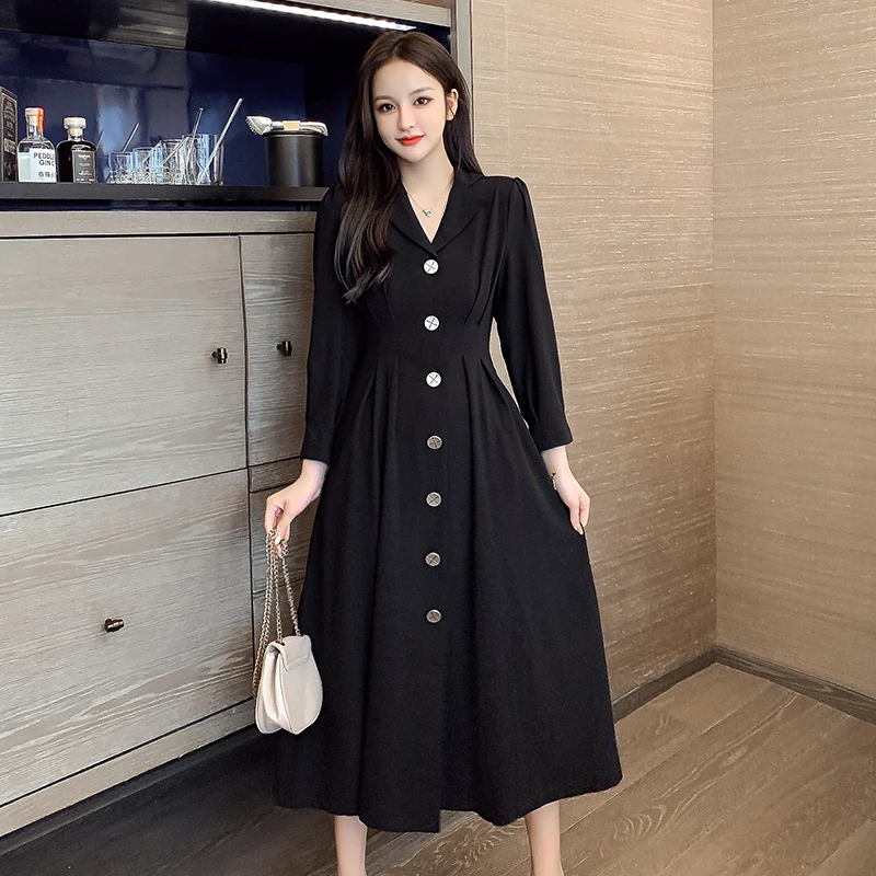 

COIGARSAM Women Dress Spring 2022 New Notched High Waist Black Dresses Dropshipping