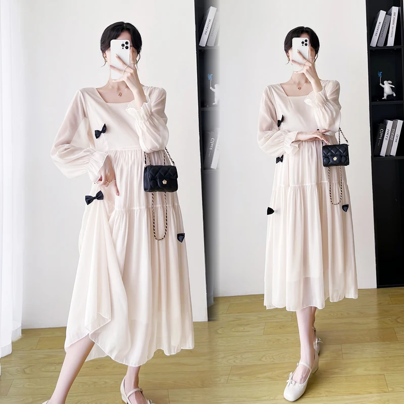 

6017# 2022 Autumn Korean Fashion Maternity Long Dress Sweet A Line Slim Loose Clothes for Pregnant Women Ins Spring Pregnancy