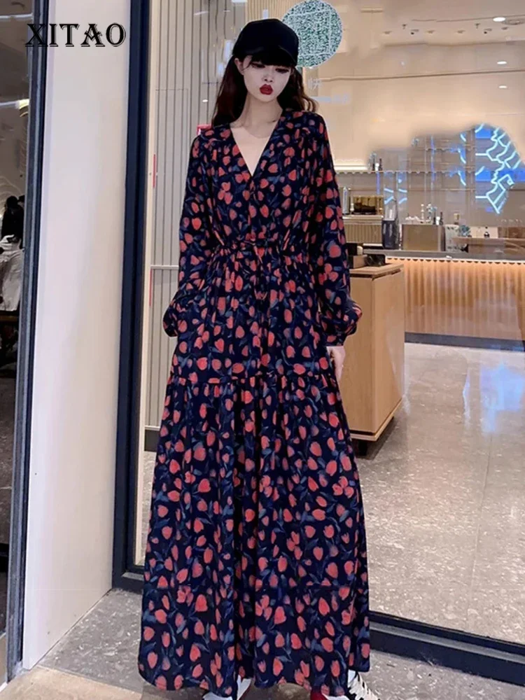

XITAO Vintage Print V-neck Dress Loose Slimming Goddess Fan Women Autumn New Arrival Fashion Trend Simplicity Dress DMJ2857