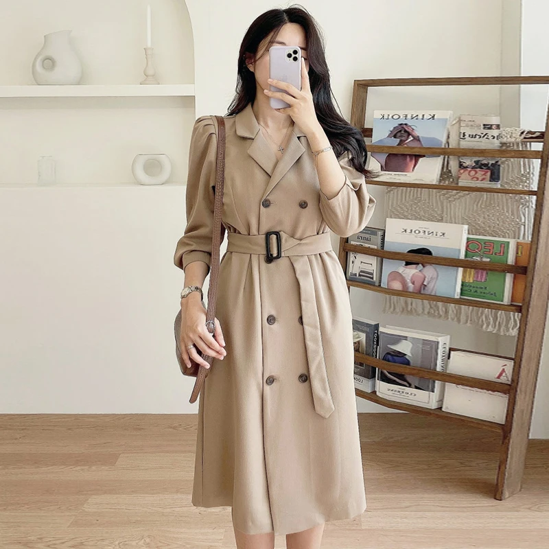 

Puff Sleeve Dress for Women Korean Chic Winter Suit Collar Double Breasted Long Vestidos French Spring Lace Up Slim Waist Robe