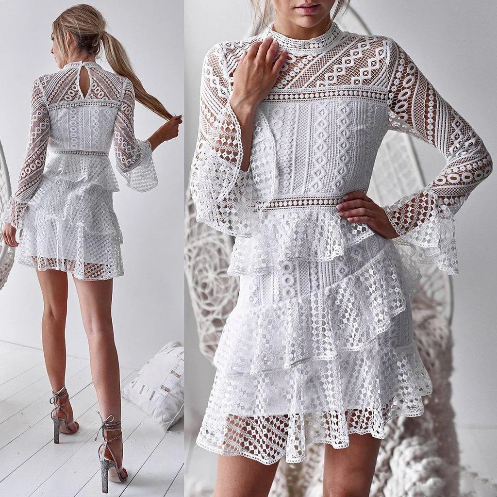 

2022 European and American New Style Women's Fashion Temperament Solid Color Trumpet Sleeve Lace Sexy Cake Dress Women