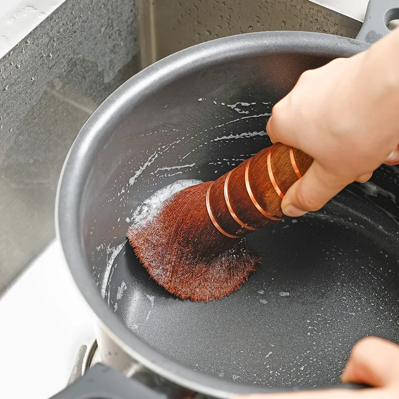 

Natural Coconut Brown Pot Brush Can Hang Type Brush Non-stick Long Handle Washing Pan Brush Scourer Oil Cleaning Brush
