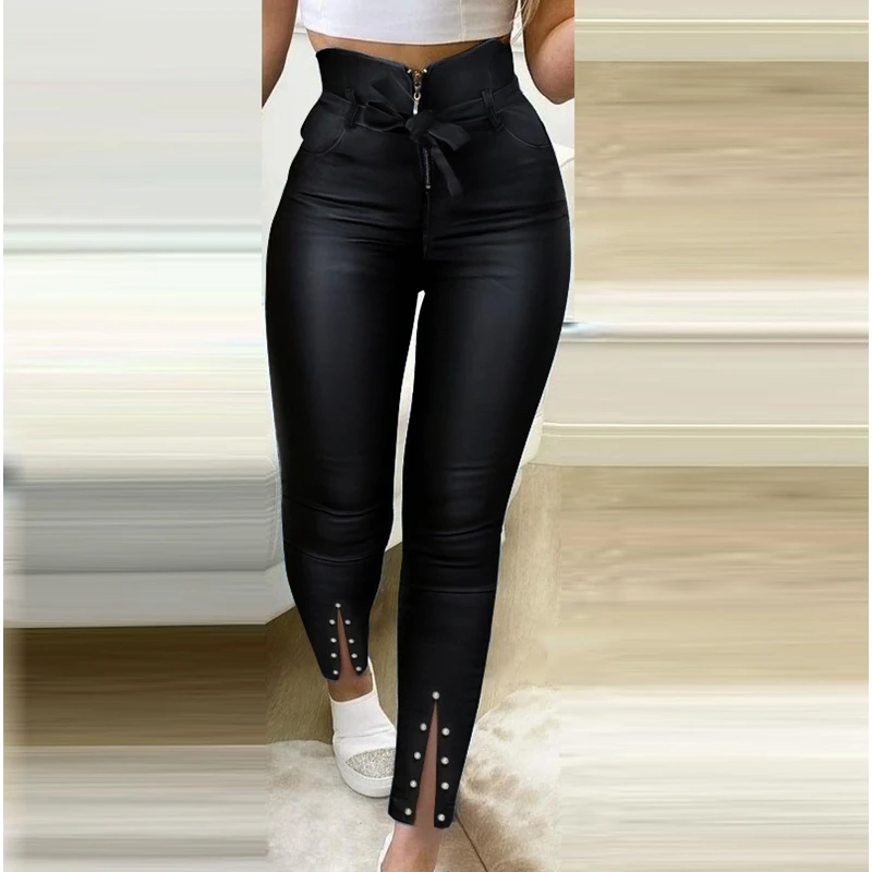 

Chic Pants Women Black Leather Pencil Pants Sexy Clubwear PU High Waist Beading Leather Pants