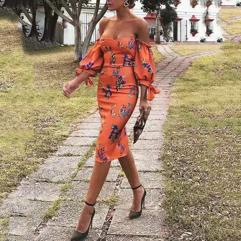 

Sexy Retro High-street Fashion Dress Ladies Orange Wrapped Chest Piece Neckline Pencil Skirt Dress Strapless Lantern Sleeves