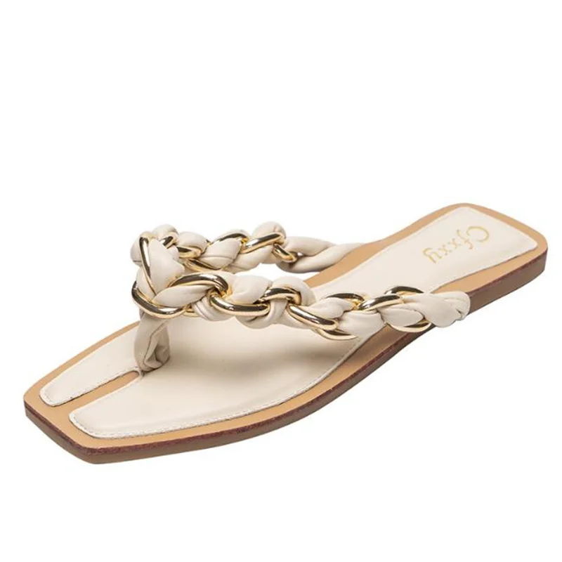 New Arrival Womens Slippers Leather Square Toe Flats Flip Flops Designer Ladies Slides Summer Sandals Women Shoes Zapatos