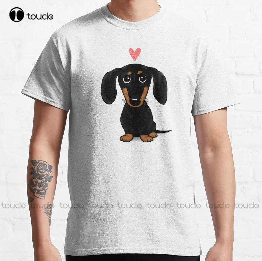 

Черно-желтая такса с сердцем | Классическая футболка с милым мультяшным принтом Wiener Dog, черные футболки, футболки с цифровой печатью, женская футболка