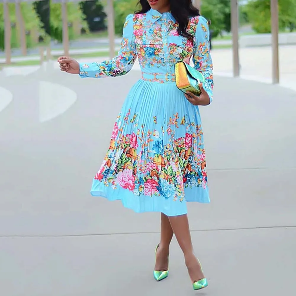 

Lapel Mid-Calf Long Sleeve Print Pleated Women's Dress Pleated Floral Dress 2022 Elegant Female Fashion Vintage Midi Dress