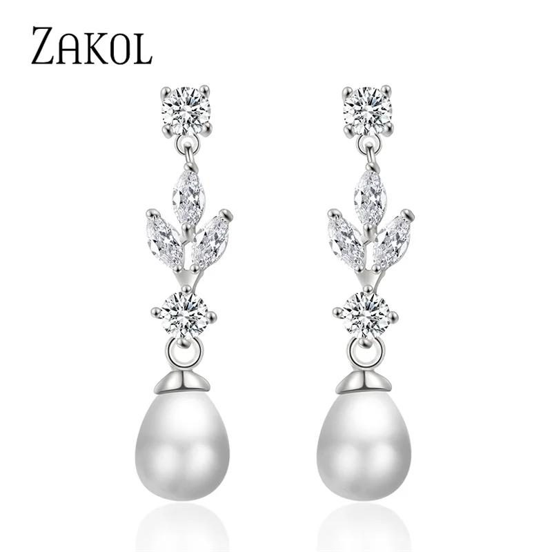 

ZAKOL Fashion Marquise Cut Cubic Zircon Dangle Earrings for Women Imitation Pearl Leaf Wedding Jewelry Factory Price FSEP2179