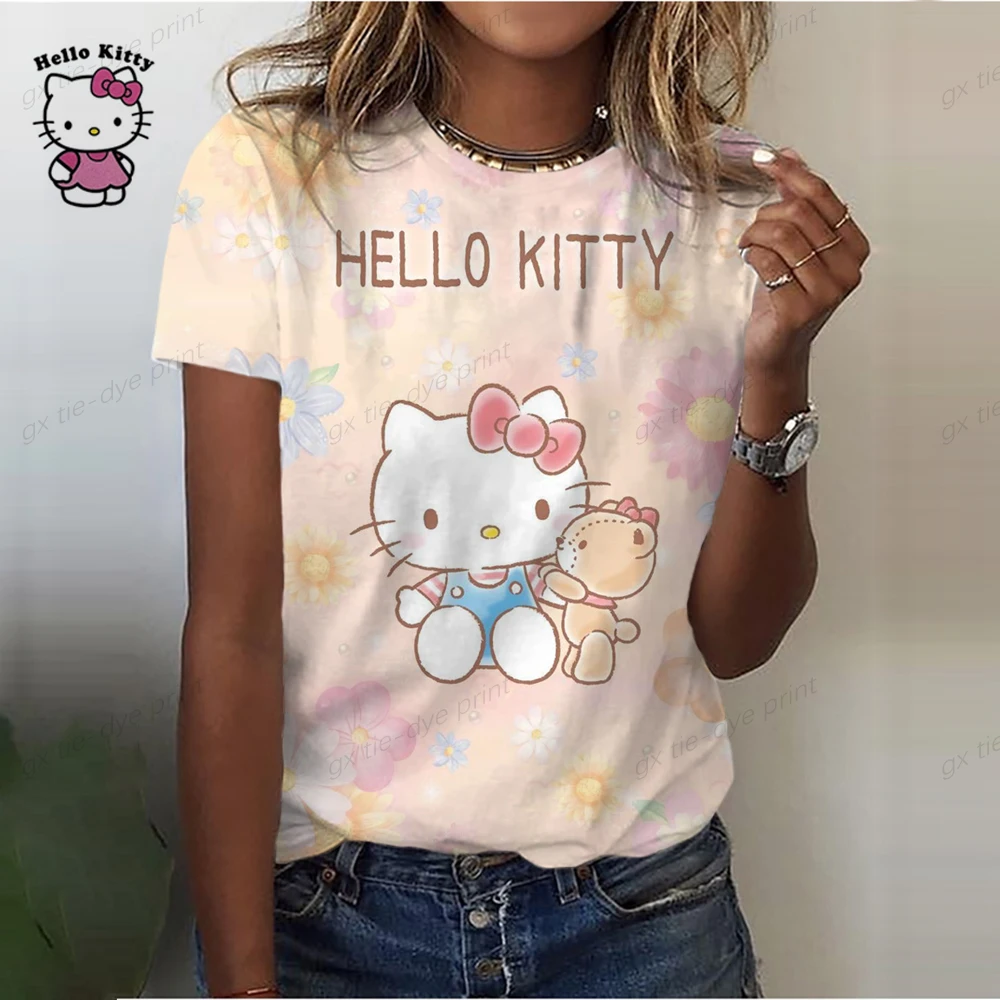 Fashion Women Blouse 2023 Sexy Tops For Woman Hello Kitty Print Short Sleeve Tees Female T-shirts Plus Sized Women's Y2k Clothes