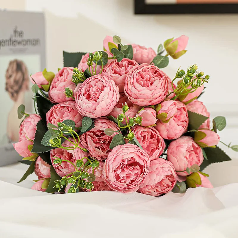 

Искусственные цветы пиона для украшения, букет из 5 чайных роз на 5 головок, искусственные цветы для свадьбы, украшение для дома, цветочные ук...