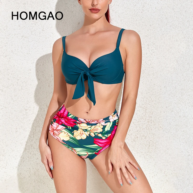 

HOMGAO Green Print Swimsuit For Women Sexy Push Up Bikinis High Waist Folds Swimwear Bathing Suit Beach 2022 New Female Biquini