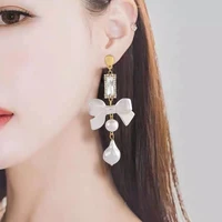 1 pair fashion shiny butterfly rhinestone drop dangle earrings women elegant long pearl tassel chain pendant party jewelry