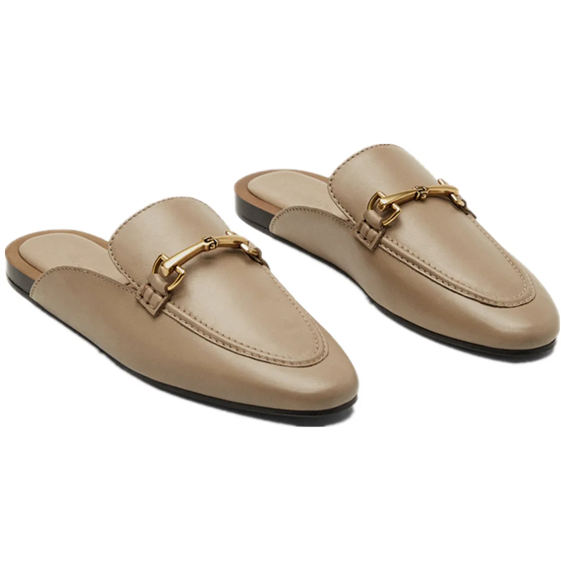 Elmsk Shoes Women French Style Fashion Elegant Office Lady Geninue Leather Gold Buckle Retro Mule Shoes Casual Flat