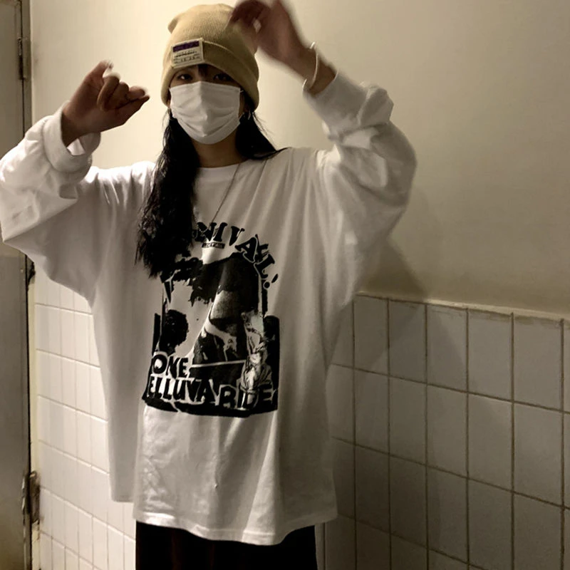 HOUZHOU Harajuku Long Sleeve T-shirt Women Y2k Vintage Aesthetic Top Tee Grunge Autumn Gothic Basic T Shirt Streetwear Korean