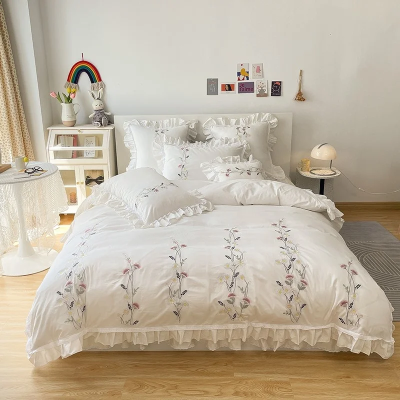 

100%Cotton Ultra Soft Duvet Cover Chic Floral Embroidery Bedding set 160X200cm Bedskirt Pillow shams Twin Queen King size