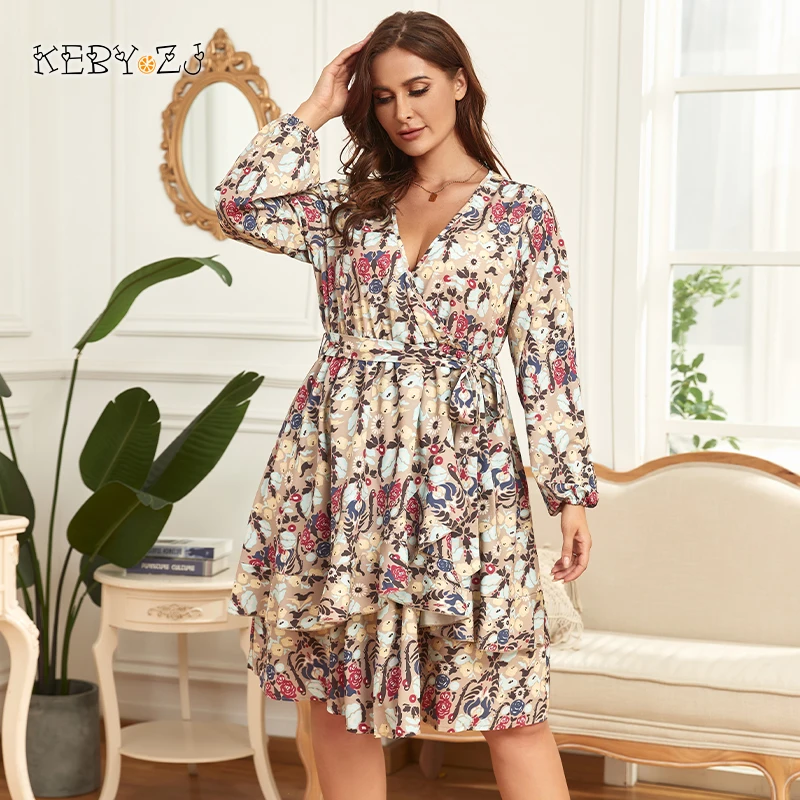 

KEBY ZJ Plus Size Vintage Printed Ladies Dress Sexy V-Neck Ruffle Party Dress Elegant Casual Long Sleeve Vacation Beach Dresses