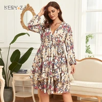 keby zj plus size vintage printed ladies dress sexy v neck ruffle party dress elegant casual long sleeve vacation beach dresses