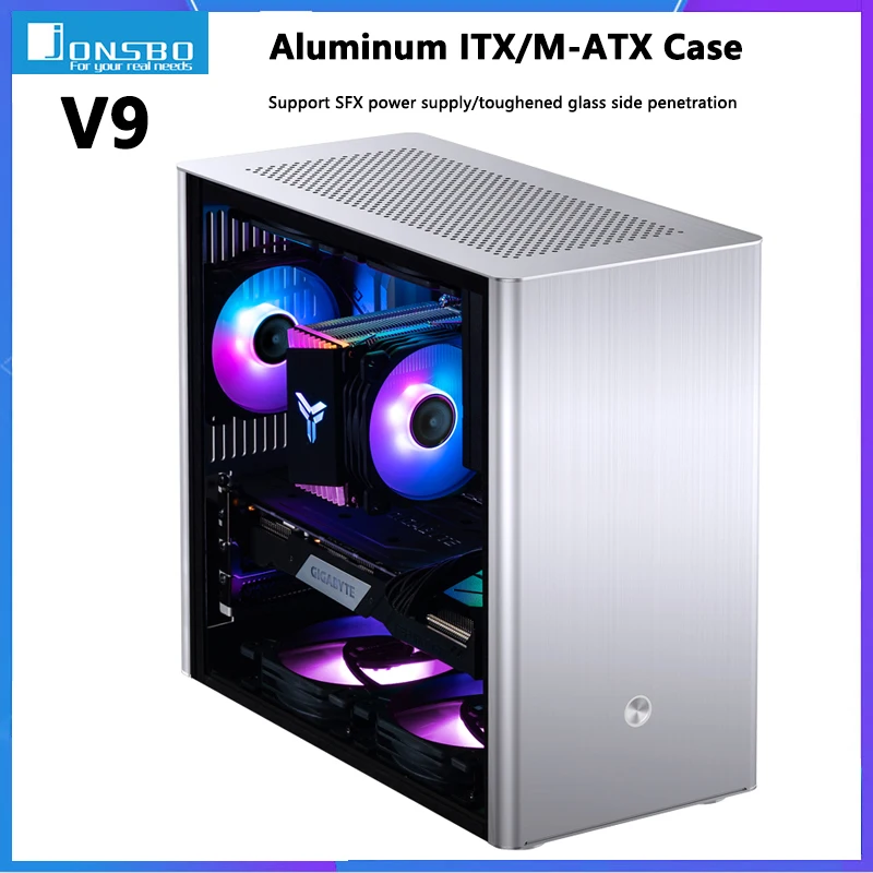 JONSBO V9 PC Case Aluminum Alloy Shell Toughened Glass Side Transparent Chassis Support ITX/M-ATX Motherboard/SFX Power Supply
