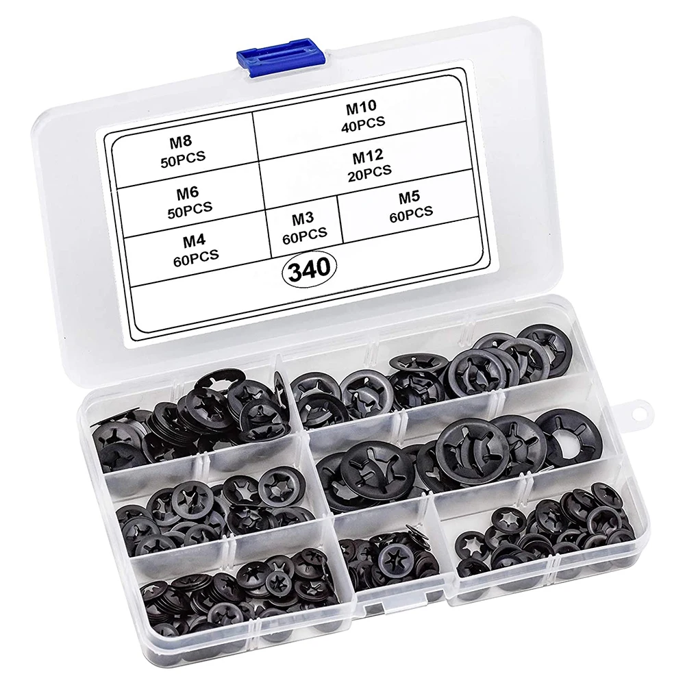 340 Pieces Internal Tooth  Washers M3 M4 M5 M6 M8 M10 M12 Quick Speed Locking Washers Push Nuts Clips Fasteners Assortment Kit