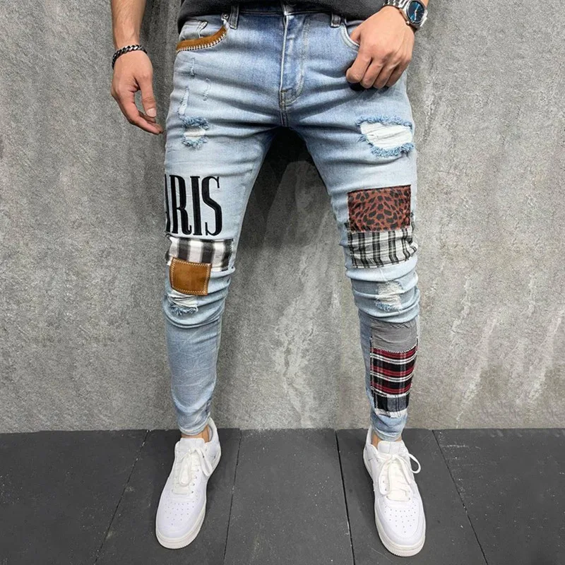 

Streetwear Men's Skinny Jeans Teen Korean Style Ripped Slim Casual Pencil Pants for Men Fashion Printed Patchwork Denim Trousers