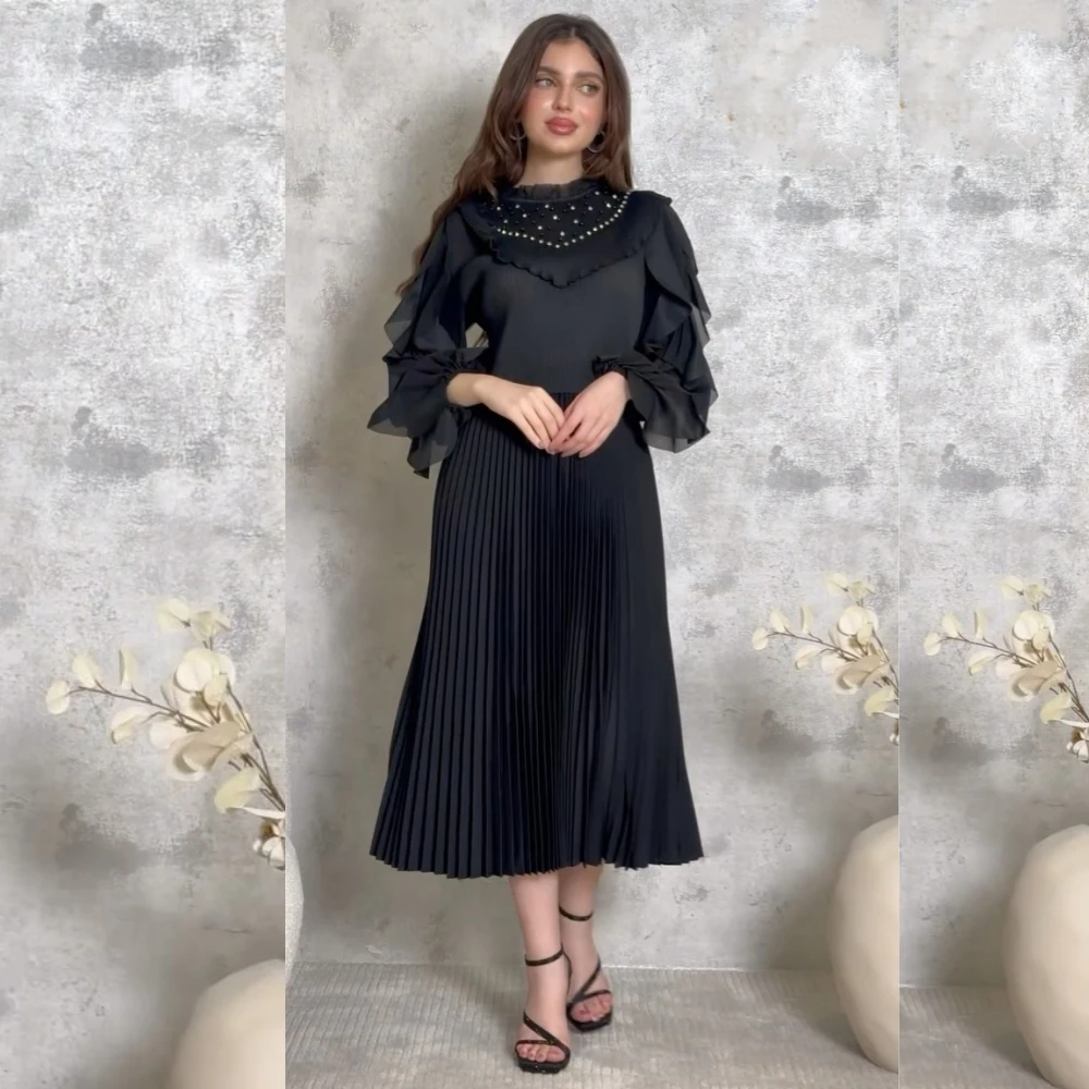 Jiayi Gong шифоновое платье с жемчугом и рюшами Клубное трапециевидное овальным