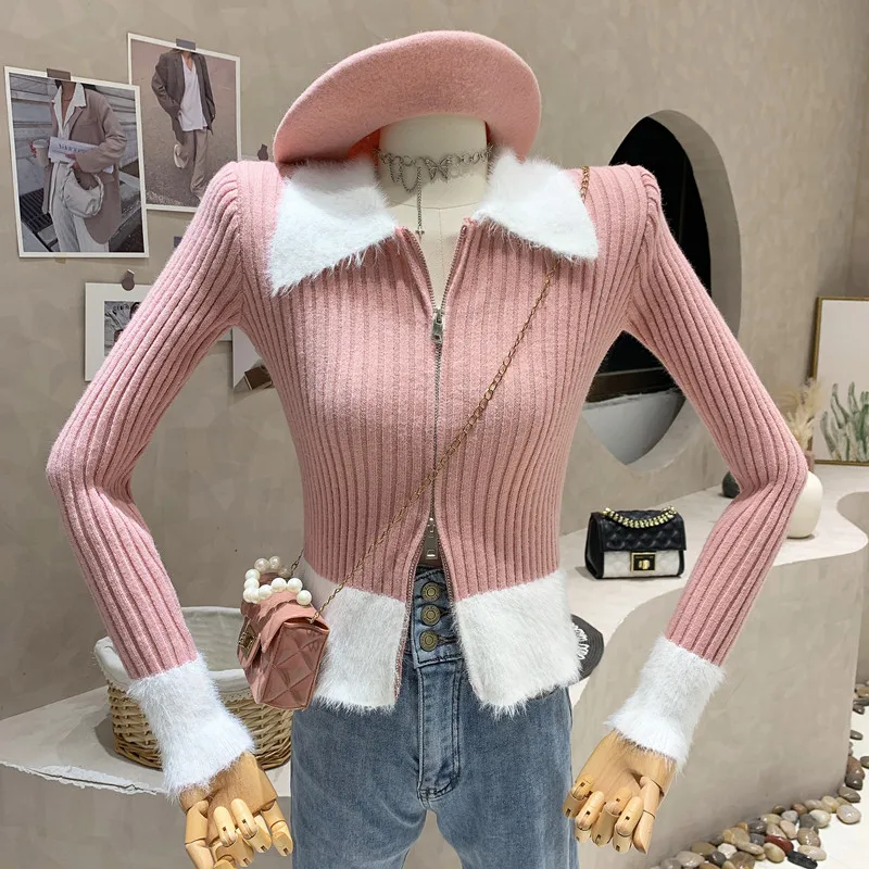 

New in Women's Clothing 2022 Winter Plush Splice Knit Long Sleeve Double Zip Cardigan Design Short Top