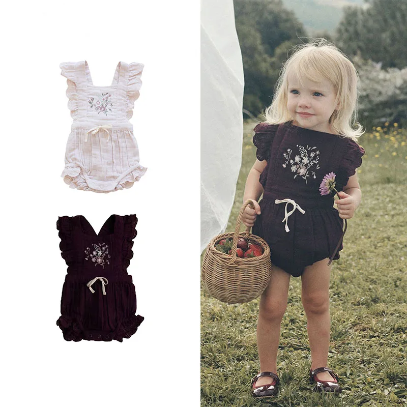 

Newborn Baby Summer Jumpsuit Toddler Cotton Sleeveless Jumpsuit Baby Girl Clothes Ruffle Flower Embroidery Soft Jumpsuit