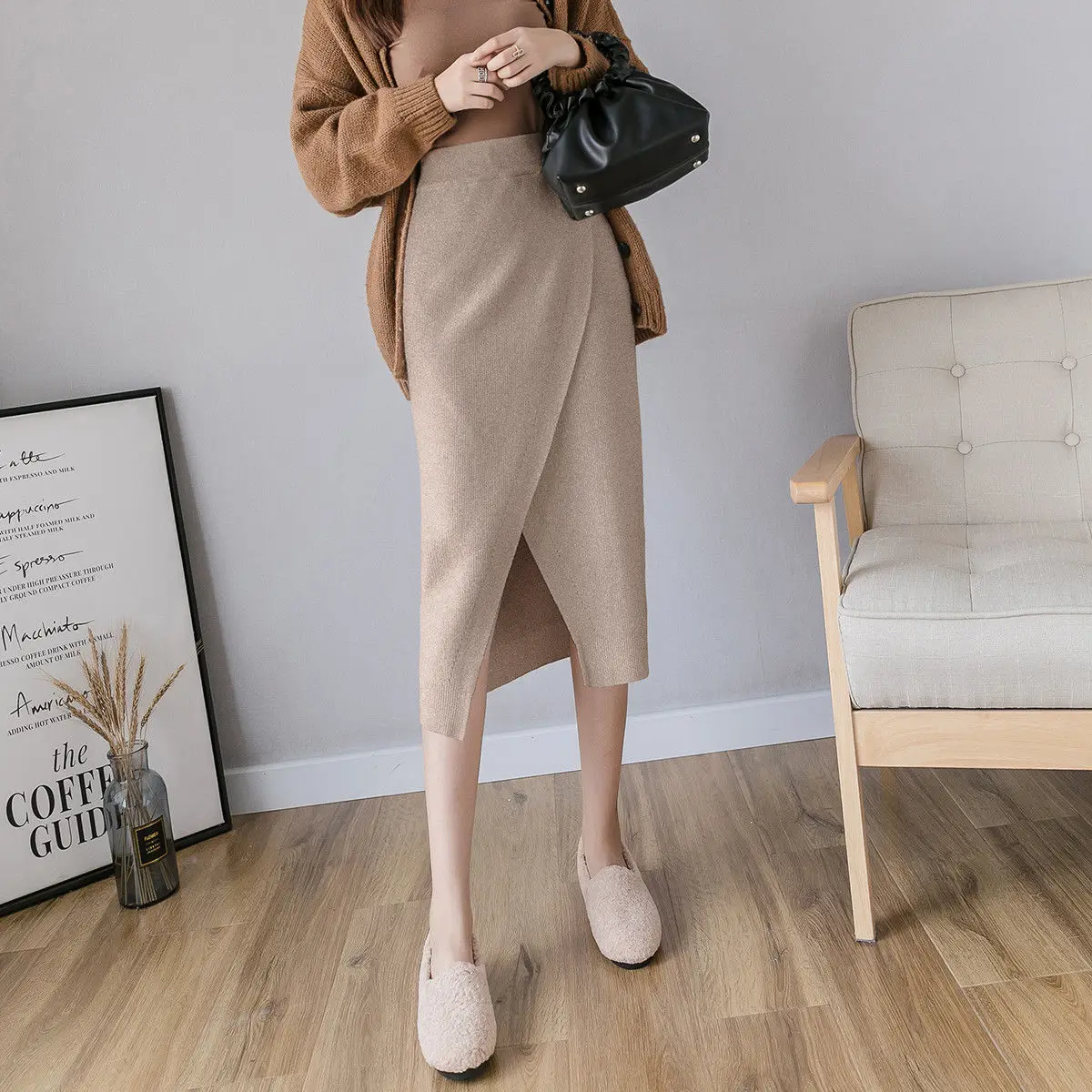 

2022 Fashion Autumn Winter Knit Skirt Women High Waisted Front Split Irregular Sexy Skirts Midi Hip Package Solid Faldas Mujer