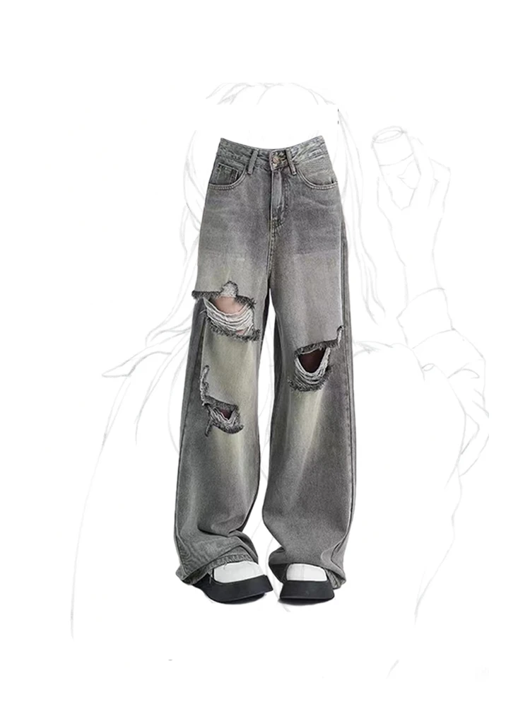 

Женские рваные мешковатые джинсы, уличная одежда в стиле Харадзюку Y2k, прямые джинсовые брюки, корейские винтажные широкие брюки в стиле 90-х с завышенной талией