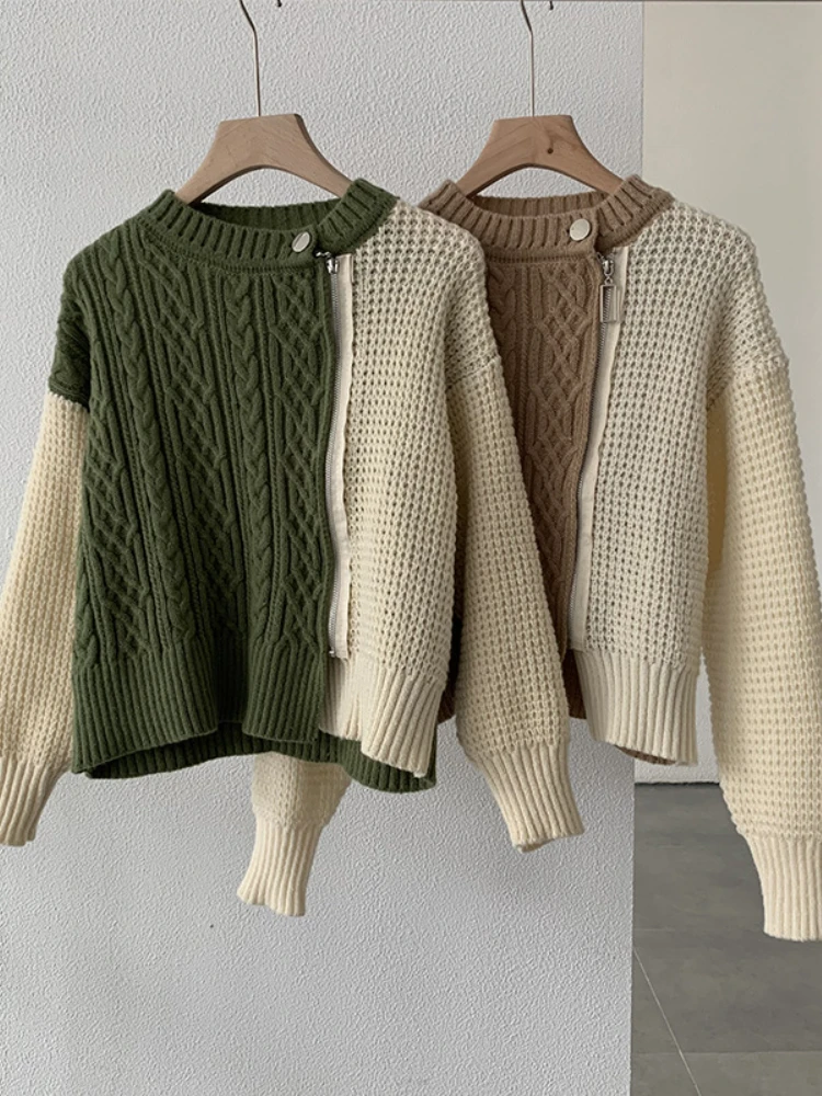 

Осенне-зимний новый вязаный свитер на молнии с цветными блоками, женский джемпер с длинным рукавом и круглым вырезом, корейские модные топы,...