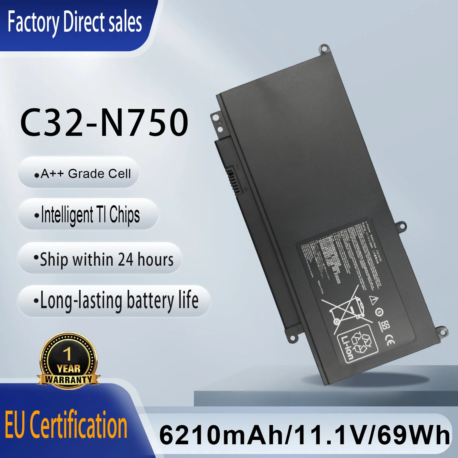Фото Новая батарея для ноутбука C32-N750 11.1V 6290mAh 69Wh, совместимая с сериями ASUS N750 N750J N750JK N750JV N750Y47JK-SL N750Y47JV-SL №1
