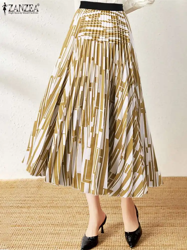 

2022 Summer Maxi Skirts Women Elegant Irregular Printed Saias ZANZEA Fashion High Waist Pleated Mujer Faldas Casual Swing Skirt