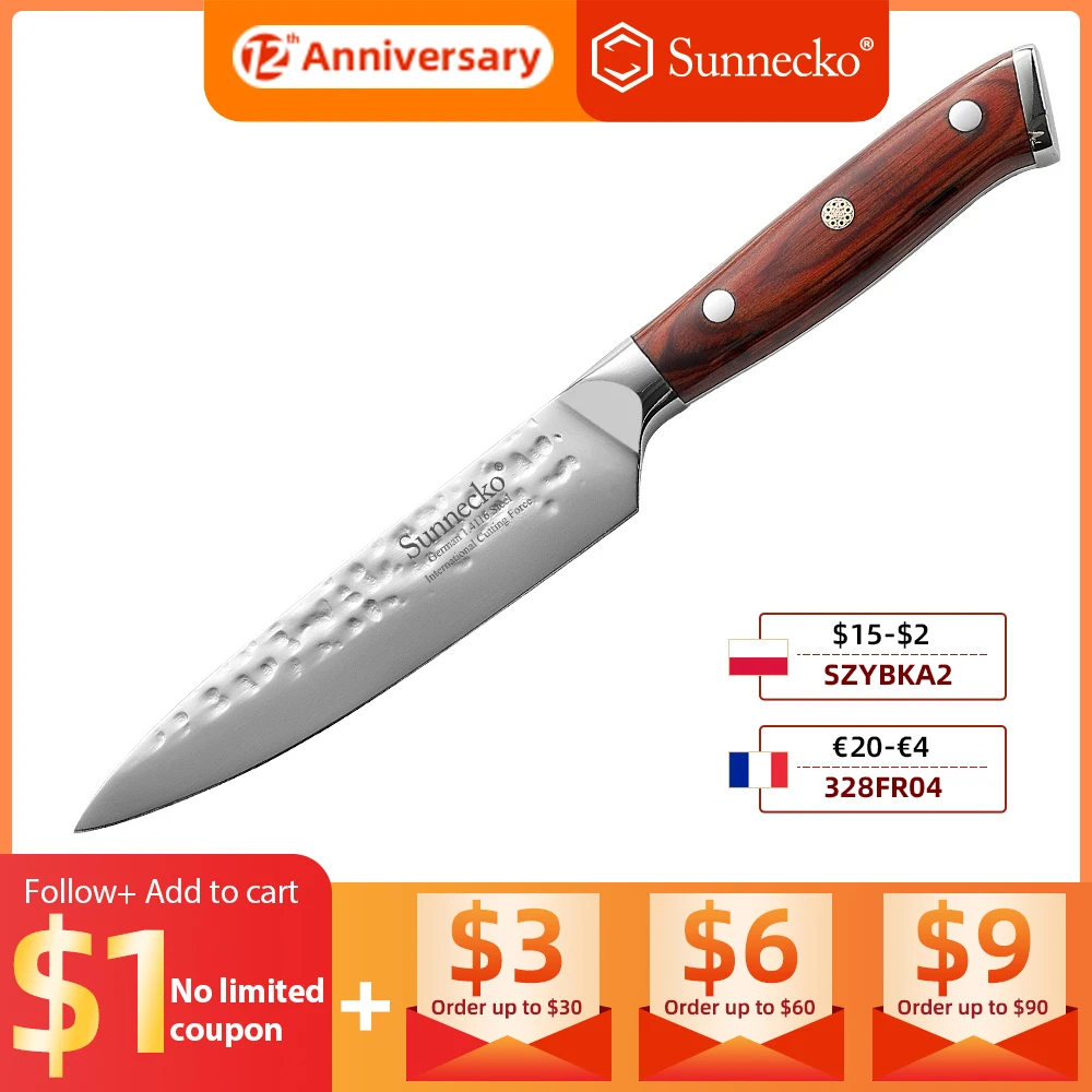 

Sunnecko 5" inch Utility Knife Vegetable Fruit Kitchen Chef's Knives High Carbon German 1.4116 Stainless Steel Red Wooden Handle
