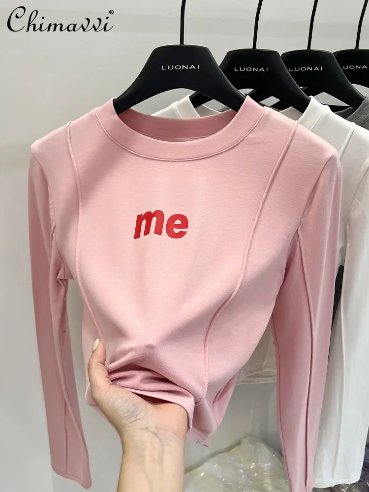

Fashion Light Fleece Bottoming Shirt Women's Spring New Inner Wear European Style Elegant Slim Crop-Top Brushed T-shirt Women