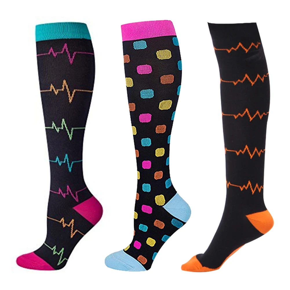 

3 Pairs Long Tube Flight Women Compression Socks Nursing Stretch Printed Nylon Running Stockings Sports Hiking Travel Fashion
