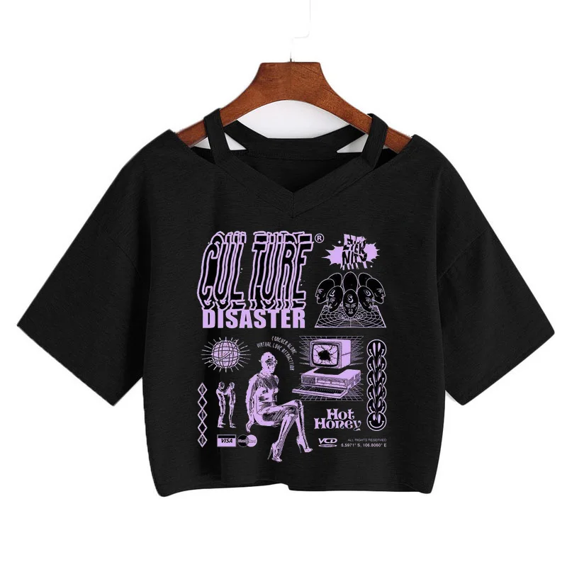 

Sexy Crop top korean style Fashion Short sleeve V-neck T-shirt y2k hip hop fashion Streetwear