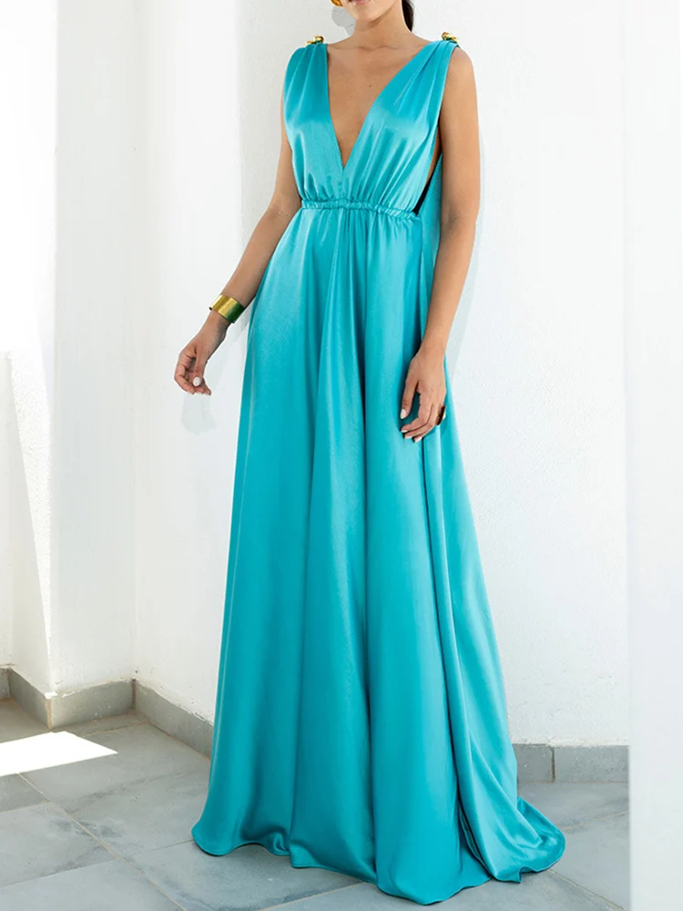 

Mandylandy Women Elegant Summer Satin Evening Dress Fashion Female Sexy Sleeveless V Neck High Waist Mermaid Party Dress