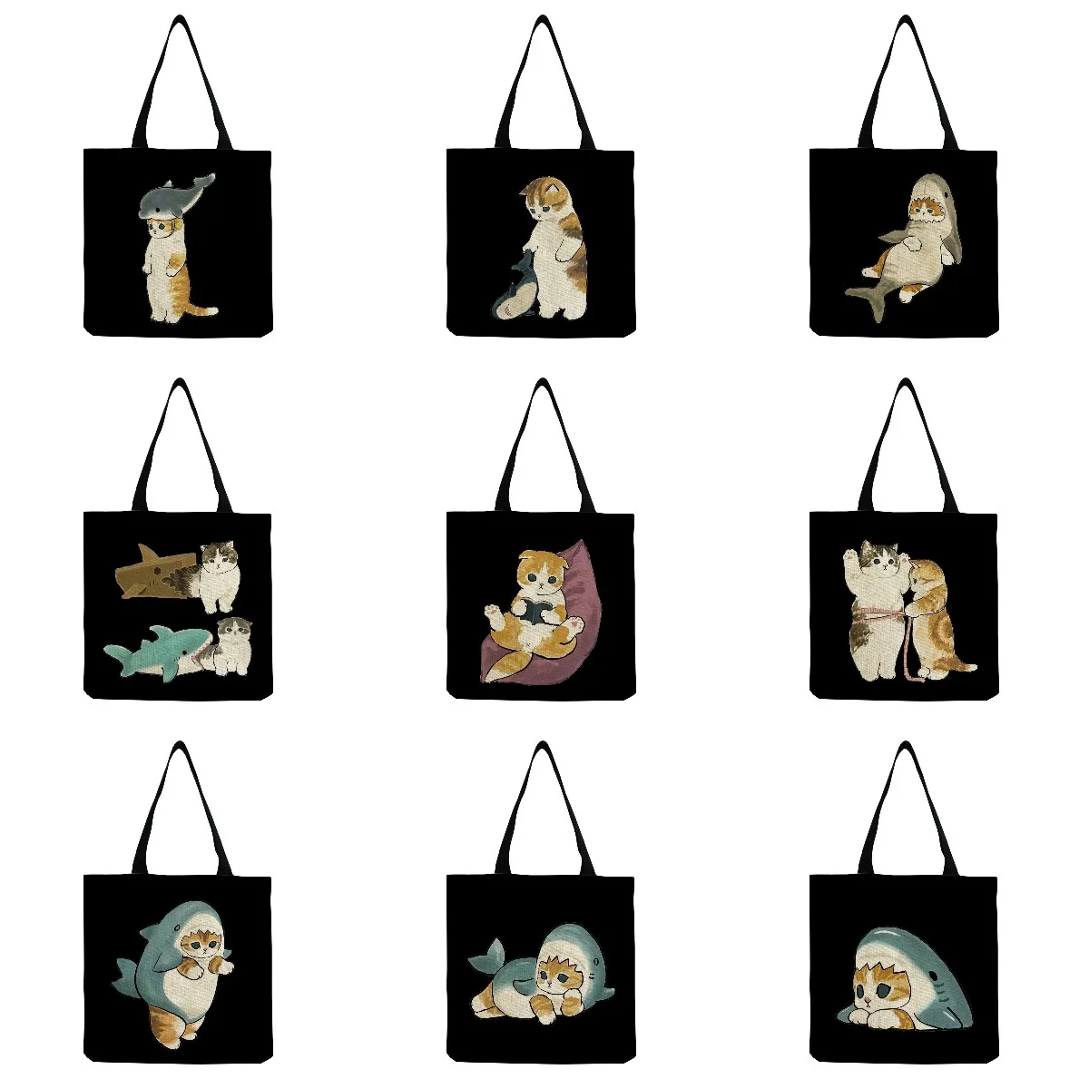 

Eco Reusable Casual Orchard Fruit Bag Women's Shoulder Bag Cartoon Animal Cat Print Female Travel Handbags Outdoor Shopping Bag