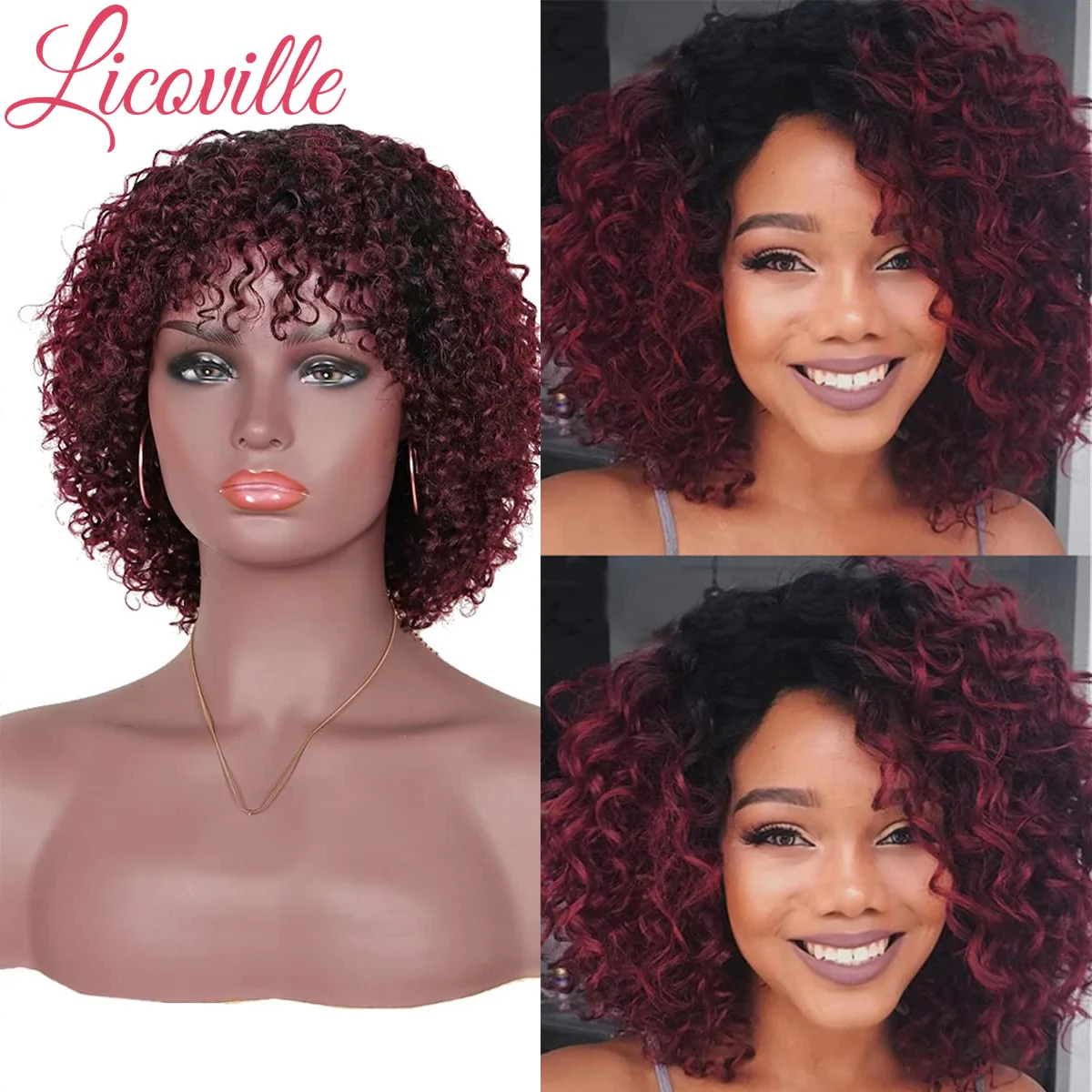 

Afro Kinky Curly Wig Human Hair Top Burgundy None Lace Front Glueless Short Kinky Curly Bob Wigs for Black Women 180 Density