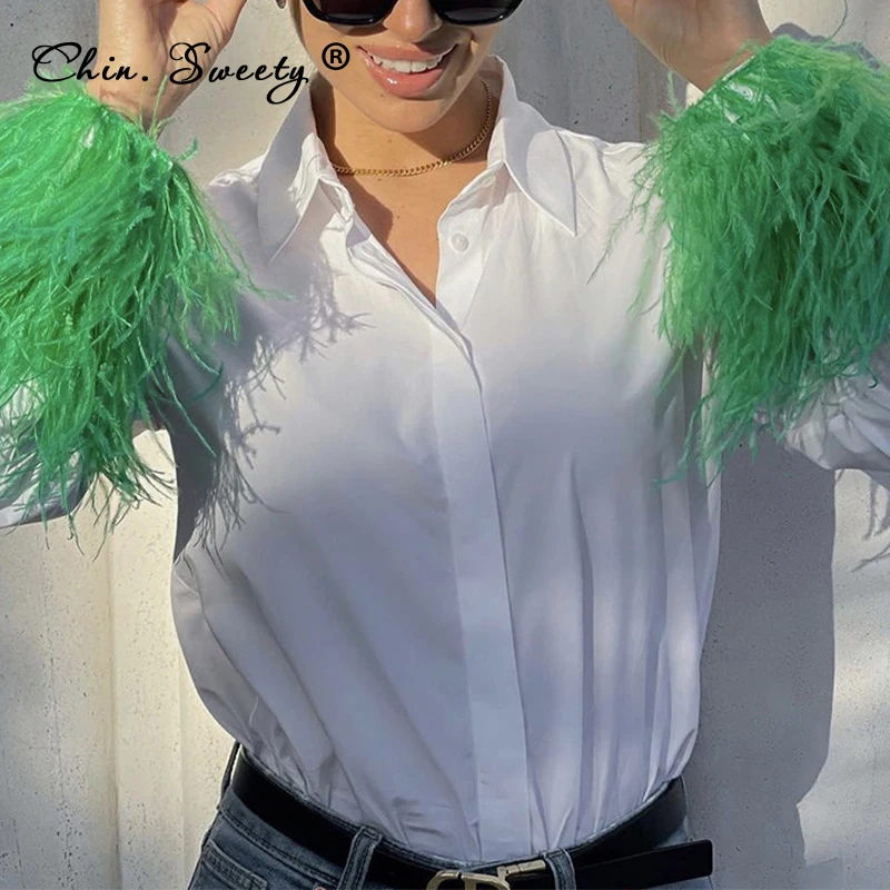 

Elegant White Shirt Women Cuff Stitching Green Furry Long Sleeve Top 2022 Spring Office Feathers Chic Shirts Vintage Female Tops